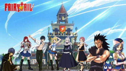 HD desktop wallpaper featuring characters Mirajane Strauss, Gajeel Redfox, Juvia Lockser, Jellal Fernandes, Gray Fullbuster, Erza Scarlet, Natsu Dragneel, Lucy Heartfilia from the anime Fairy Tail.