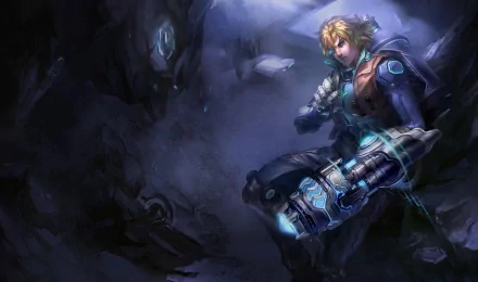 HD desktop wallpaper featuring Ezreal from the video game League of Legends, depicted in a dark, atmospheric setting with glowing effects.