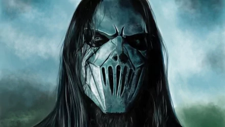 A striking HD wallpaper featuring a figure in a menacing mask, embodying the essence of heavy, industrial, and nu metal, inspired by Slipknot's iconic imagery.