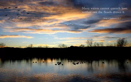 A serene lake reflects a colorful sunset sky, with birds flying above. The scene features a quote from the Bible, emphasizing love's strength amidst nature's beauty.