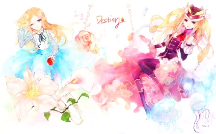 Mawaru Penguindrum anime HD PC wallpaper: watercolor-style scene of two blonde girls in blue and pink dresses amid lilies and flowing pastel swirls.