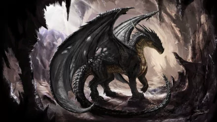 HD desktop wallpaper featuring a majestic, dark-scaled dragon in a fantasy setting, standing in a rocky, cavernous environment with light filtering through in the background.