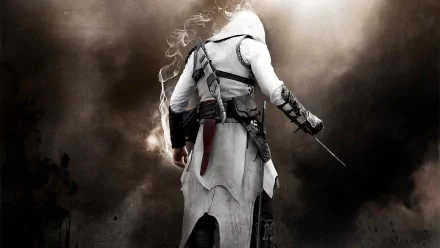 HD PC desktop wallpaper featuring a mysterious assassin from the video game Assassin's Creed, cloaked in white with a hidden blade amid a smoky, dramatic background.