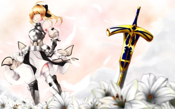 A vibrant HD desktop wallpaper featuring Saber Lily from Fate/Unlimited Codes, depicted in armor with a sword among blooming lilies against a soft, pastel background.