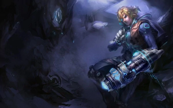 HD desktop wallpaper featuring Ezreal from the video game League of Legends, depicted in a dark, atmospheric setting with glowing effects.