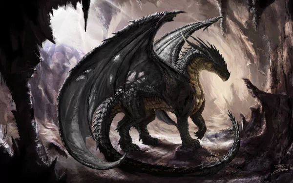 HD desktop wallpaper featuring a majestic, dark-scaled dragon in a fantasy setting, standing in a rocky, cavernous environment with light filtering through in the background.