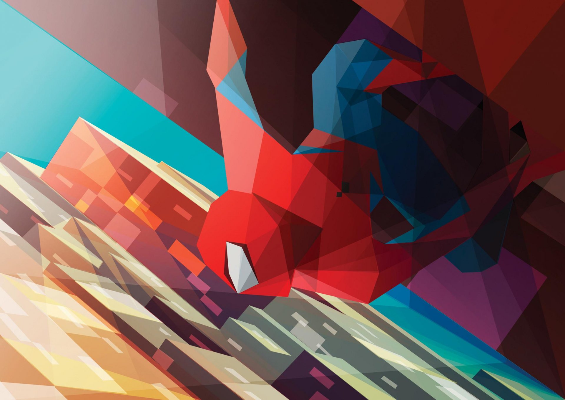 A vibrant comic-style HD desktop wallpaper featuring Spider-Man in an abstract, geometric design, dynamically swinging through a colorful urban landscape.