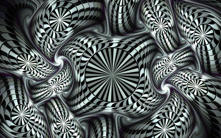 3D black and white fractal art with intricate swirling patterns, creating a hypnotic visual effect. This HD desktop wallpaper serves as a striking background.