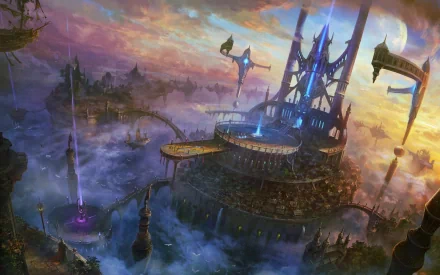 Fantasy city with towering structures and vibrant colors set against a misty, otherworldly landscape. This HD desktop wallpaper and background captures an imaginative and enchanting urban setting.