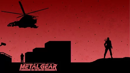 HD PC desktop wallpaper/background from the Metal Gear video game: red-sky silhouette scene with a helicopter, two soldiers and the Metal Gear logo.