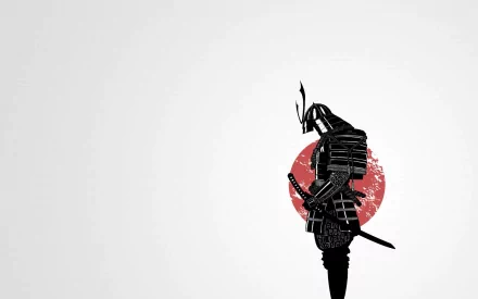 HD desktop wallpaper featuring a fantasy samurai against a minimalist white background with a red circular element behind the figure.