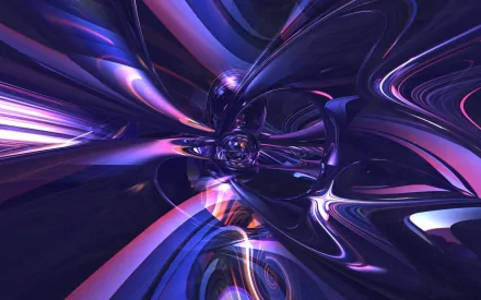 Abstract 3D design with reflective, fluid surfaces in shades of purple and blue, creating a dynamic and immersive HD PC desktop wallpaper background.