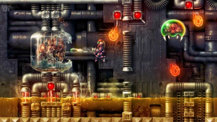 A vibrant 4K Ultra HD wallpaper featuring a scene from Metroid, showcasing dynamic action with Samus battling creatures in a futuristic, industrial setting.