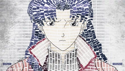 HD PC desktop wallpaper featuring Misato Katsuragi from the anime Neon Genesis Evangelion, created with stylized text art forming the character's portrait.