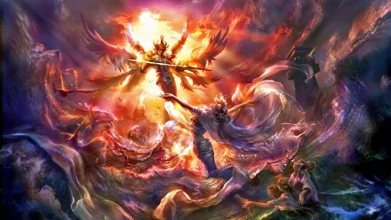 A vibrant fantasy celestial scene depicting epic figures engulfed in swirling cosmic light and fiery energy, designed as an HD PC desktop wallpaper.