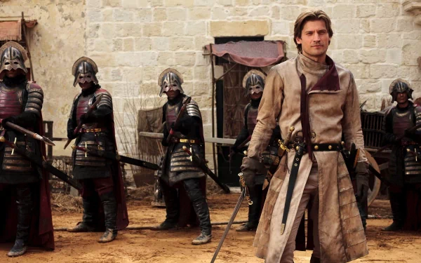 Jaime Lannister, portrayed by Nikolaj Coster-Waldau, stands confidently in front of armored soldiers in this HD Game of Thrones wallpaper, capturing a key moment from the TV show.