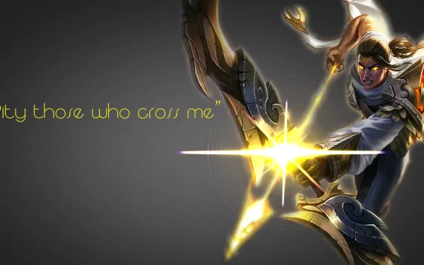 HD desktop wallpaper featuring Varus from League of Legends, showcasing his fierce stance and iconic bow, accompanied by the quote, I will annihilate those who cross me.