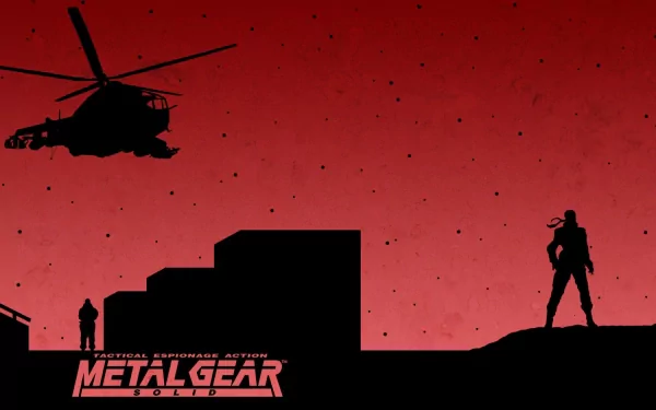 HD PC desktop wallpaper/background from the Metal Gear video game: red-sky silhouette scene with a helicopter, two soldiers and the Metal Gear logo.