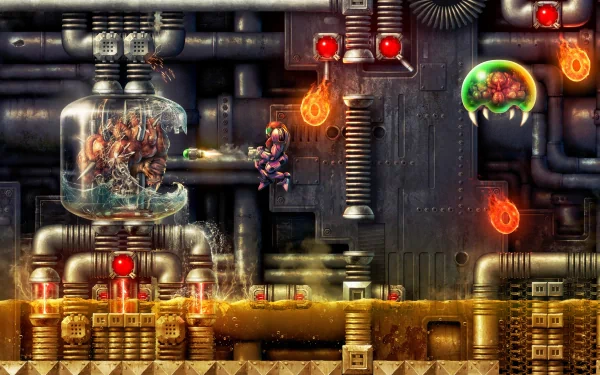 A vibrant 4K Ultra HD wallpaper featuring a scene from Metroid, showcasing dynamic action with Samus battling creatures in a futuristic, industrial setting.