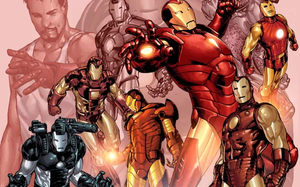 A vibrant HD wallpaper featuring War Machine and Tony Stark in various Iron Man suits, showcasing dynamic comic art styles and iconic character designs.