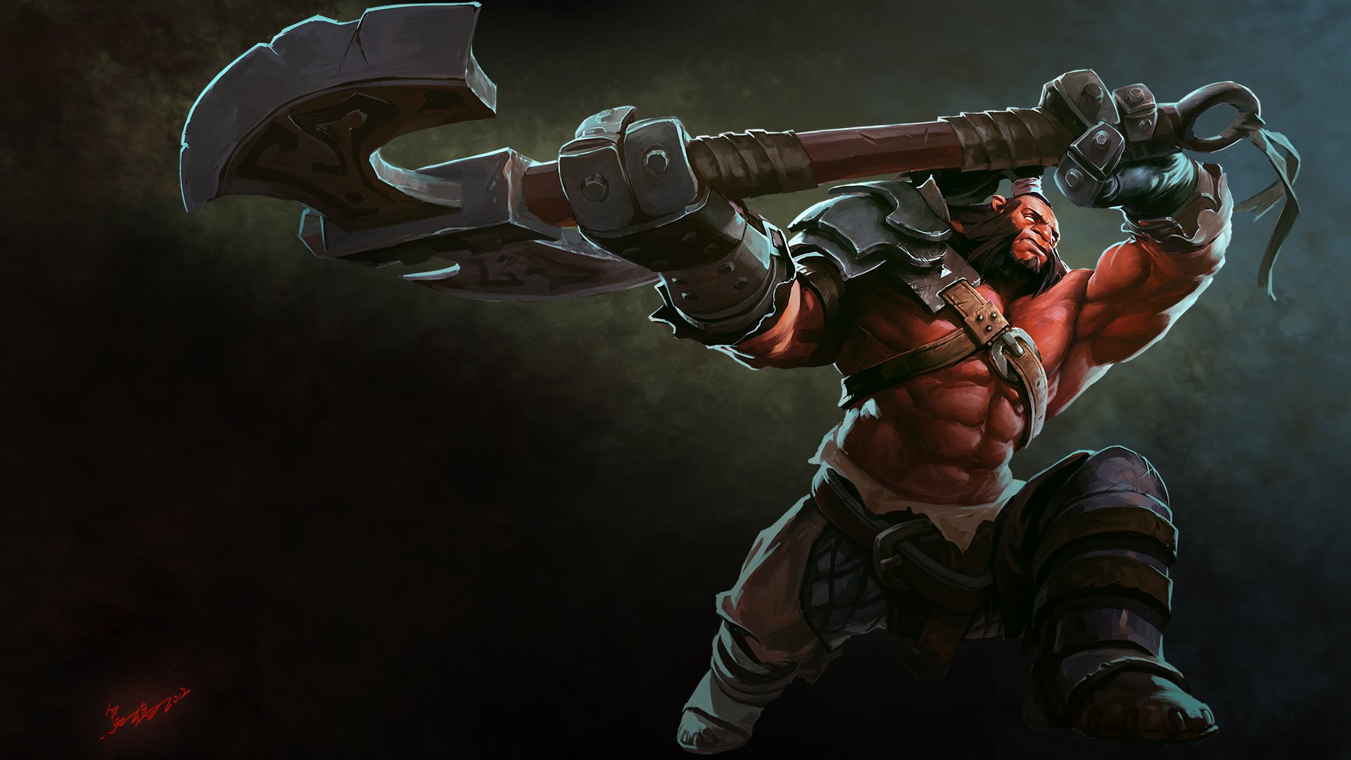 A dynamic HD wallpaper featuring a powerful character from the video game DotA 2, brandishing a large axe against a dark backdrop, showcasing intense action and detail.