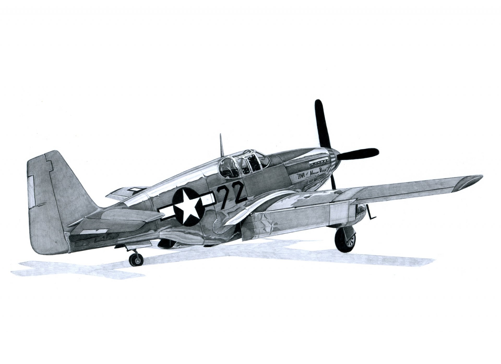 HD desktop wallpaper featuring a detailed illustration of a North American P-51 Mustang military aircraft in grayscale.