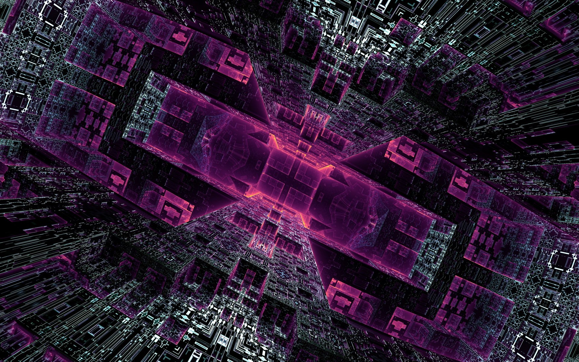 A vibrant, psychedelic abstract design featuring intricate fractal patterns in shades of purple and green, creating a mesmerizing and trippy visual experience. HD PC desktop wallpaper.