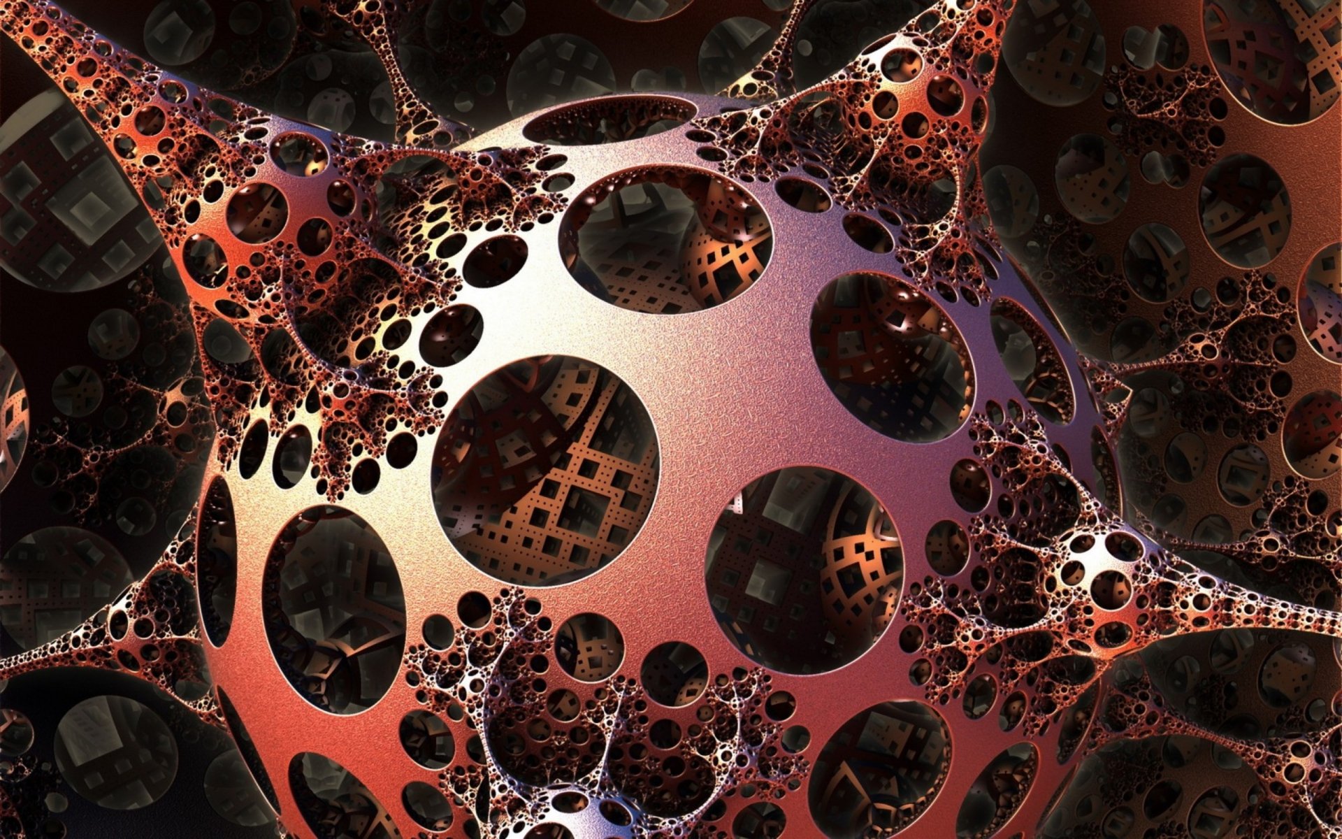 Artistic 3D abstract design featuring interconnected metallic spheres with intricate perforations, rendered in high definition as a dynamic PC desktop wallpaper.