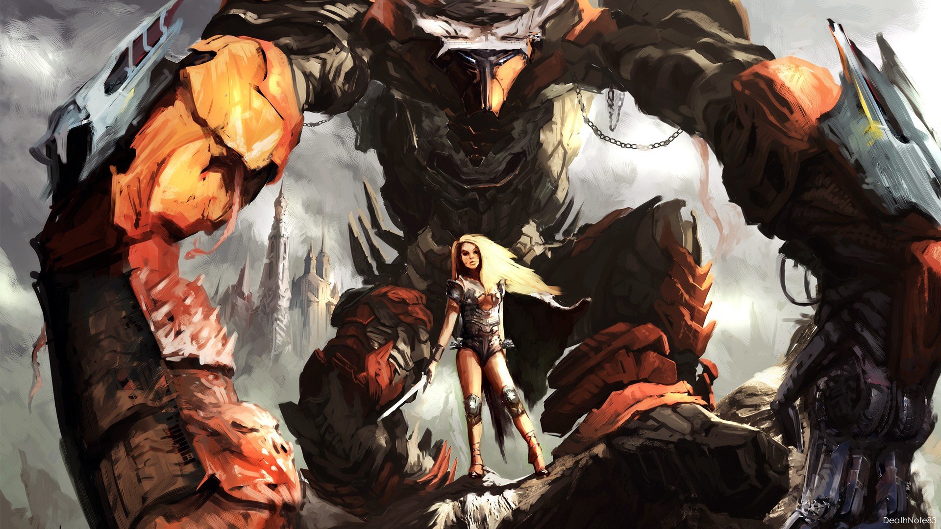 A valiant woman warrior stands boldly before a massive creature in this captivating fantasy-themed HD desktop wallpaper, showcasing a thrilling battle between strength and courage.