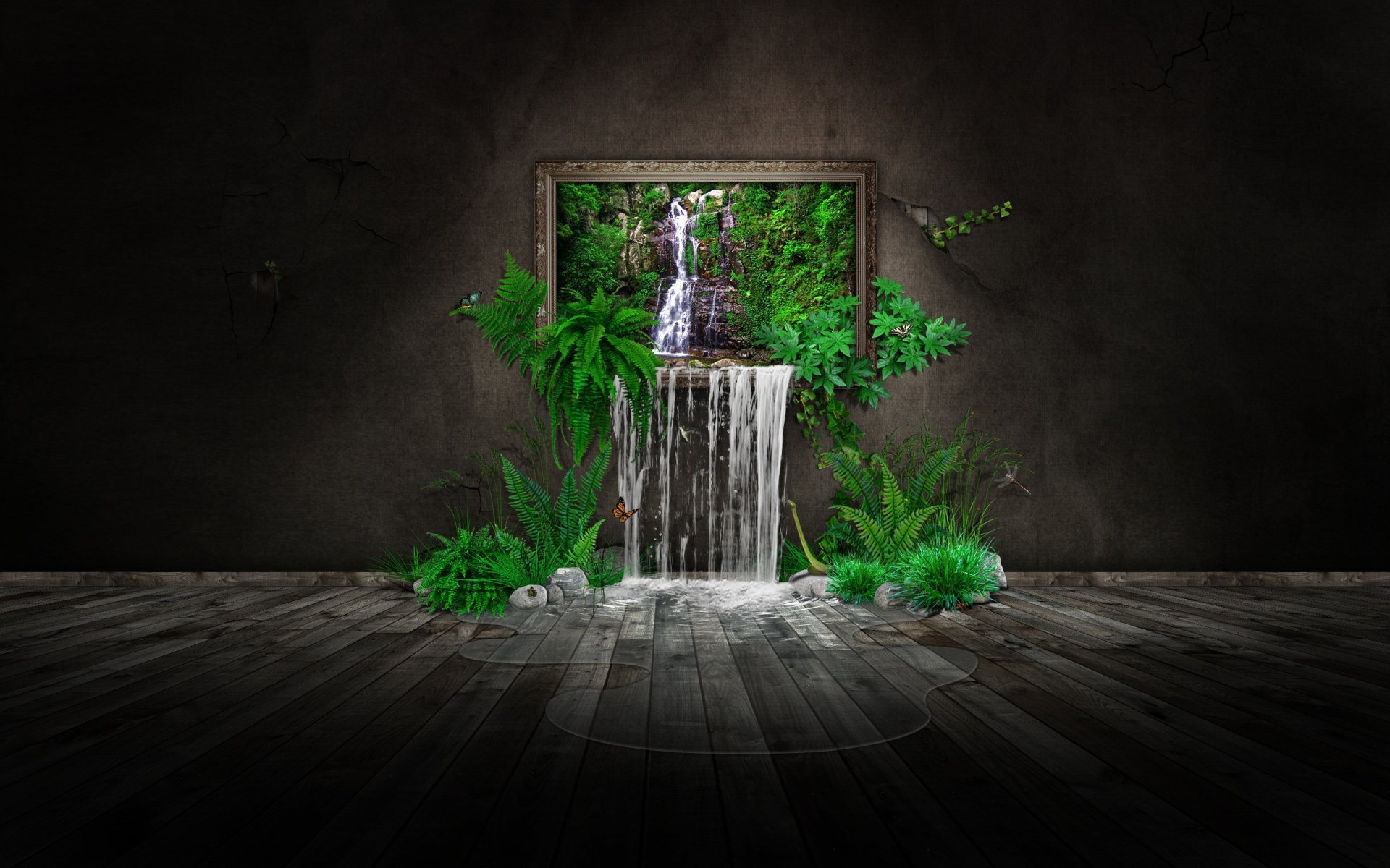 HD desktop wallpaper featuring a dreamy fantasy scene with a vibrant waterfall surrounded by lush ferns and greenery, framed by a dark, textured wall.