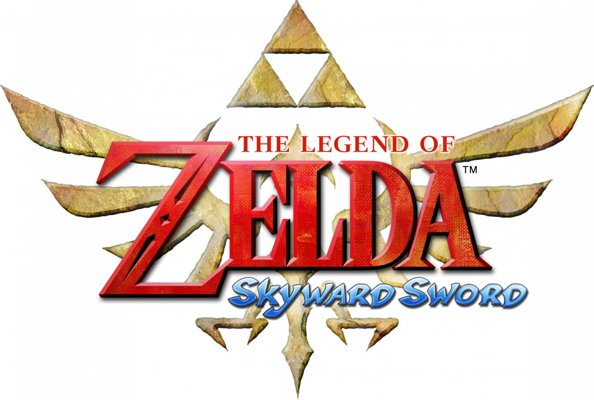 HD PC desktop wallpaper of the video game The Legend of Zelda: Skyward Sword logo — red Zelda lettering over a gold Triforce and wing emblem on a black background.