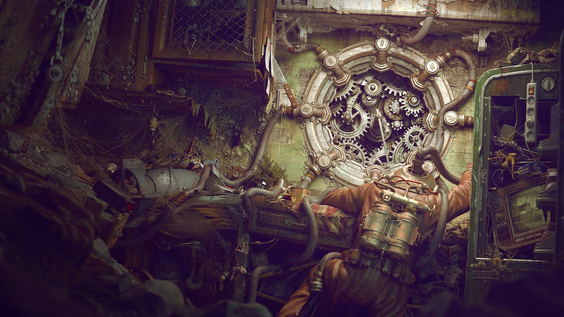 A fantastical, artistic HD wallpaper featuring intricate gears and machinery in a decayed environment, highlighting an adventurous character amidst a vibrant, otherworldly backdrop.
