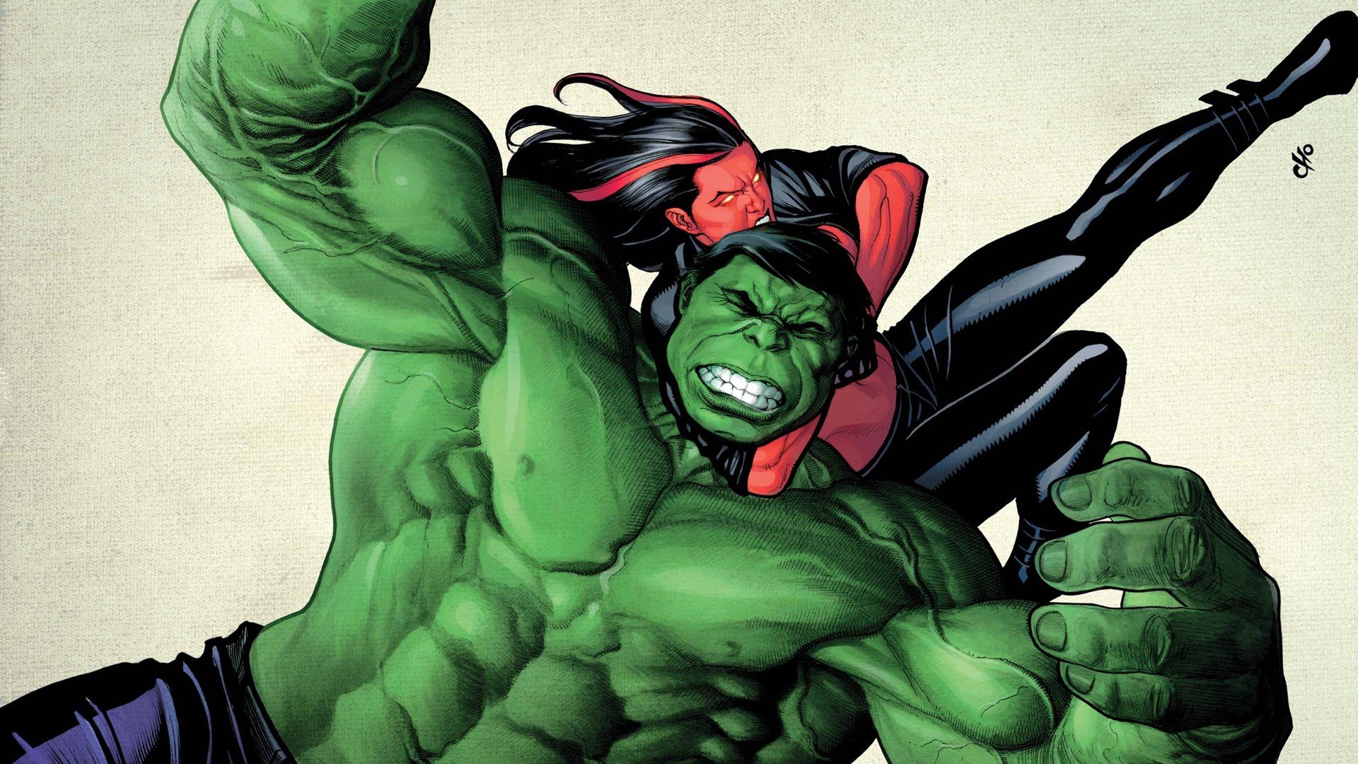 A dynamic comic-style illustration featuring the Hulk in a powerful pose, engaging with a mysterious character. This HD wallpaper captures the intensity of superhero action.