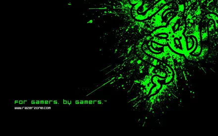 An HD PC desktop wallpaper featuring Razer's iconic green logo against a black background, highlighted with dynamic splatter effects and the tagline For gamers, by gamers.