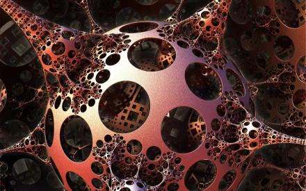 Artistic 3D abstract design featuring interconnected metallic spheres with intricate perforations, rendered in high definition as a dynamic PC desktop wallpaper.