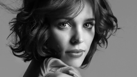 A striking black-and-white portrait of Rachel McAdams, showcasing her expressive features. This image serves as a captivating HD desktop wallpaper and background.