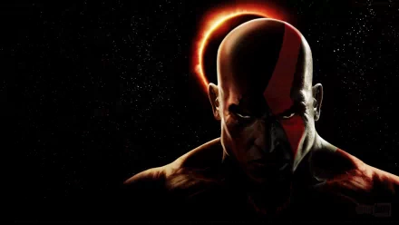 HD PC desktop wallpaper featuring Kratos from the video game God of War: Chains of Olympus with a dark background and a glowing halo effect behind his head.