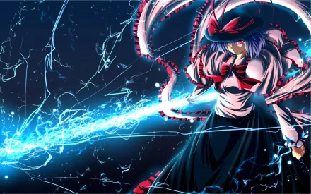 A striking HD desktop wallpaper featuring Iku Nagae from the anime Touhou, illustrating her vibrant energy and dynamic pose against a dark, electrified background.