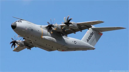 HD desktop wallpaper featuring a military Airbus A400M aircraft in flight against a clear blue sky background.