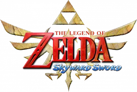 HD PC desktop wallpaper of the video game The Legend of Zelda: Skyward Sword logo — red Zelda lettering over a gold Triforce and wing emblem on a black background.
