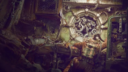 A fantastical, artistic HD wallpaper featuring intricate gears and machinery in a decayed environment, highlighting an adventurous character amidst a vibrant, otherworldly backdrop.