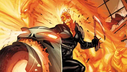 HD PC desktop wallpaper featuring Ghost Rider from the comic Venom: Circle of Four, engulfed in flames with a fiery motorcycle and a weapon in hand.