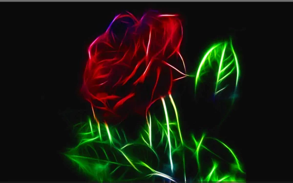 HD abstract wallpaper featuring a vibrant red rose against a black background, enhanced with fractal patterns and colorful green leaves.