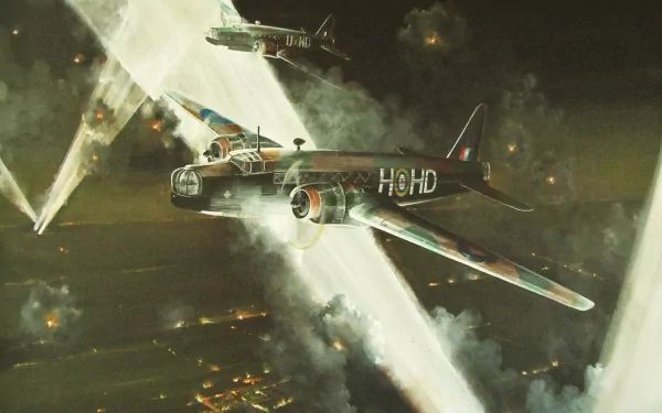 4K Ultra HD PC desktop wallpaper featuring a dramatic night scene of military aircraft in action, illuminated by searchlights and surrounded by explosions.