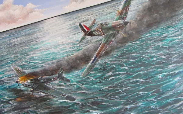 4K Ultra HD desktop wallpaper depicting two military aircraft engaged in a low-altitude aerial battle over the ocean, with one trailing smoke.