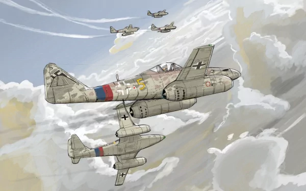HD military desktop wallpaper featuring a detailed illustration of the Messerschmitt Me 262 jet fighter soaring through the clouds with accompanying aircraft in the background.