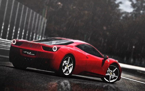 HD PC desktop wallpaper featuring a sleek red Ferrari 458 Italia parked on a rain-soaked road with blurred trees in the background.