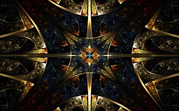 HD desktop wallpaper featuring a symmetrical, psychedelic fractal pattern with vibrant colors, creating a trippy and abstract visual effect.