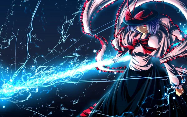 A striking HD desktop wallpaper featuring Iku Nagae from the anime Touhou, illustrating her vibrant energy and dynamic pose against a dark, electrified background.