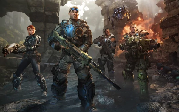 HD PC desktop wallpaper for the video game Gears Of War: Judgment, four armored soldiers with heavy rifles stand amid a ruined, fiery urban battlefield.